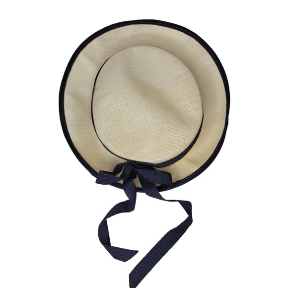 Vintage Straw Sun Hat With Navy Ribbon & Bow and strap main image 2